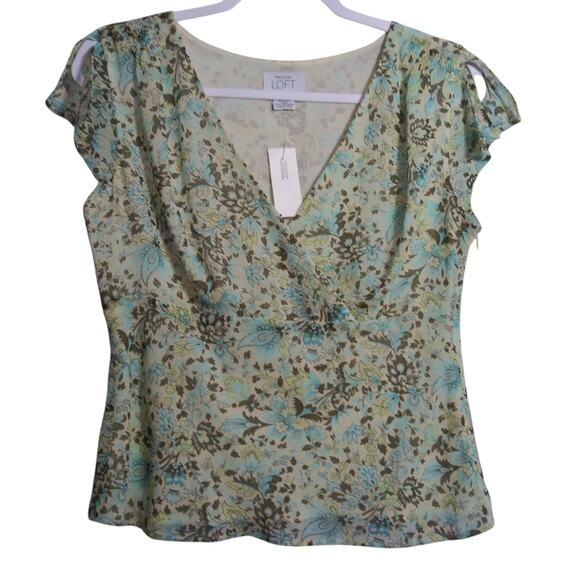 Loft Blue Floral Silk Babydoll Y2k Flutter Sleeve V Neck Top Size 6 - Picture 1 of 7